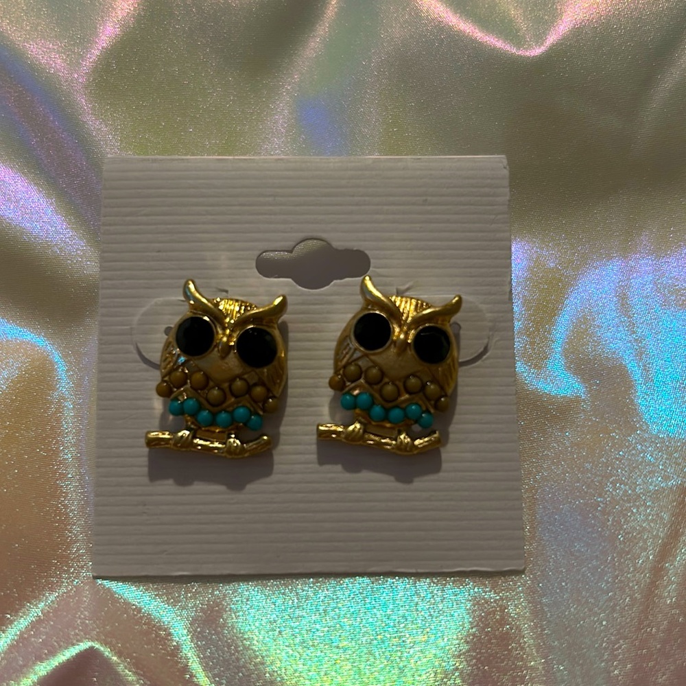 Owl Earrings with Black Stone Eyes